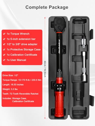 ATsafepro 1/2 Inch Drive Click Torque Wrench, 10-170 ft.lb/13.60-230.5Nm, ±3% High Precision, Dual-Direction Adjustable 72 Tooth Click Torque Wrench 1/2 Drive for Motorcycle, Car Lug Nut Maintenance - style: 1/2" 10~170 FT.LB Torque Wrench