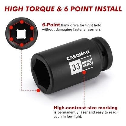 CASOMAN 3/4" Drive Deep Impact Socket Set, 13Piece Jumbo Socket Assortment, Metric(17mm to 41mm), 6-Point, Include 1/2" F to 3/4" M Adapter, CR-MO Steel - size: 13 PCS (11/16" to 1-5/8")