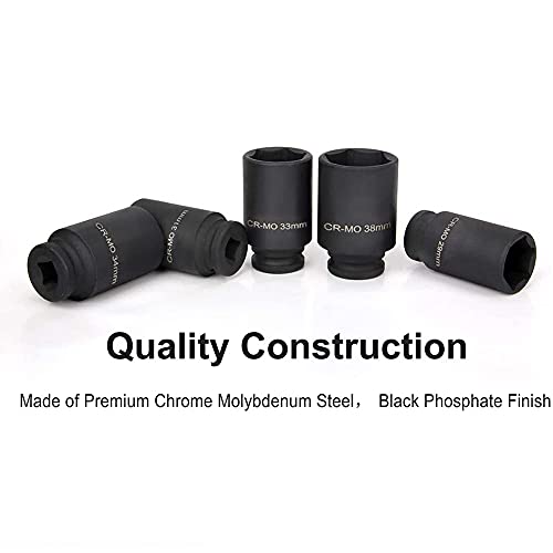 1/2” Drive Deep 6-point Spindle Axle Nut Impact Socket Set CR-MO 29 to 38 mm Heavy Duty Impact Socket Set (9 Pieces, Metric)