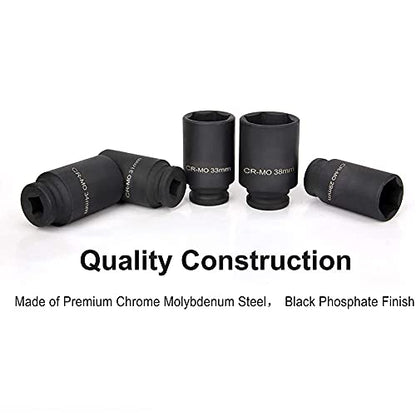 1/2” Drive Deep 6-point Spindle Axle Nut Impact Socket Set CR-MO 29 to 38 mm Heavy Duty Impact Socket Set (9 Pieces, Metric)