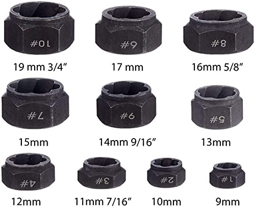 10 Pieces Nut Remover Extractor Tool Easy Out Bolt Extractor Set, 9-19mm Nut Screw Extractors Removal Set Broken Bolt Extractors Socket With Storage Case