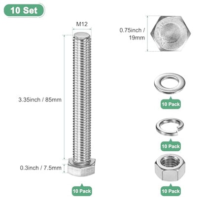 M METERXITY 10-Pack Hex Head Screw Bolt with Nuts Flat & Lock Washers M12x85mm Stainless Steel Bolts and Nuts Kit Fully Threaded Metric Bolt Assortment for Equipment/Machinery - size: M12x85mm