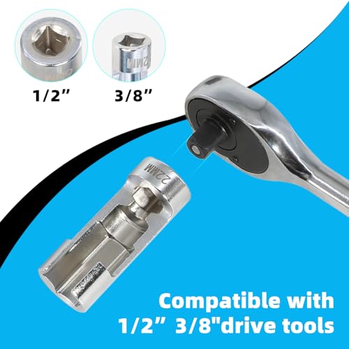 DPTOOL 14pcs Diesel Injector Fuel Line Socket Set Metric 8-22mm Flare Nut Socket Set 3/8" 1/2" Drive 5-Point Avoid Wire Nut Sockets for Wired Temperature Sensor, Thermo Switch, etc