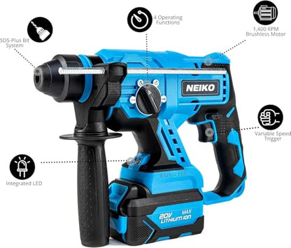 NEIKO 10882A Cordless Rotary Hammer Drill, Includes 20-Volt Li-ion Rechargeable Battery, Fast Charger, SDS Plus Hammer Drill, Heavy Duty Brushless Demolition Hammer, Cordless Hammer Drill, Rotohammer - style: Brushless Hammer Drill