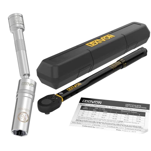 LEXIVON 5/8" Swivel Magnetic Spark Plug Socket, 3/8" Drive x 6" Total Length Cr-v Steel + 3/8-Inch Drive Click Torque Wrench 10~80 Ft-Lb/13.6~108.5 Nm