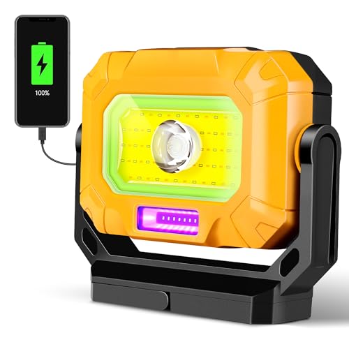 Magnetic Work Light, 1200LM COB LED Rechargeable | 15 Lighting Modes, 360° Rotatable Flood Lights, Car Repairing, Job Site Lighting, Emergency Outdoor Camping Hiking - color: Yellow