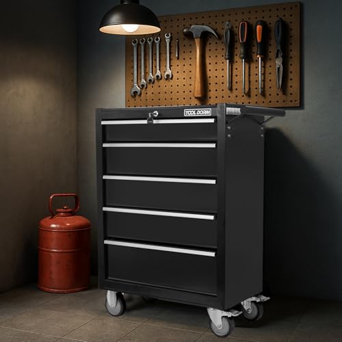 5-Drawer Rolling Tool Chest with Locking Wheels & Drawers, 13" D x 24.2" W x 34.6" H Mobile Tool Storage Cabinet, Heavy-Duty Garage Organizer w/Ergonomic Handle - color: White and Black