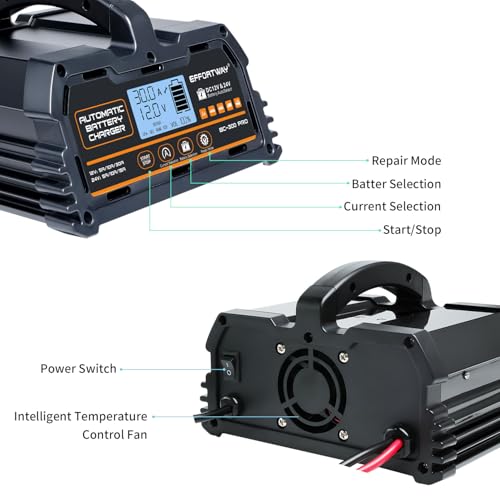30A Battery Charger, 12V/24V Lead Acid, 12V LiFePO4. Smart Battery Charger with Trickle Charge. Car Battery Maintainer with LCD Display. Suitable for Trucks, Motorcycles - size: 30A