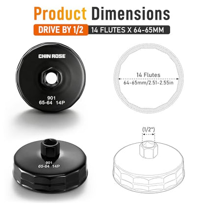 64-65mm Oil Filter Wrench, 14 Flutes, 1/2 Inch Square Drive | Heavy-Duty, Oil Filter Socket Wrench, Flute Oil Filter Removal Tool