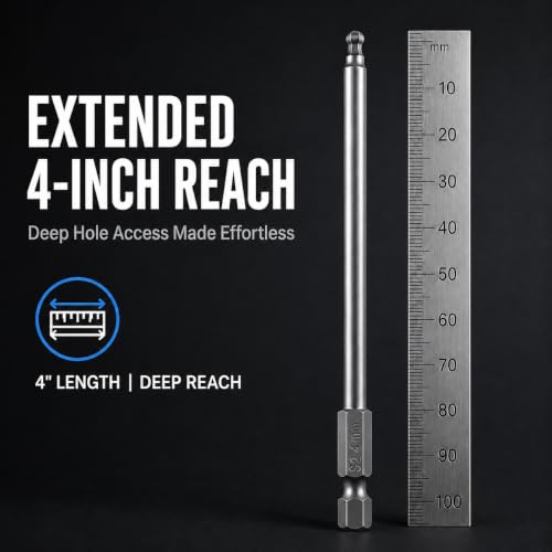 VESTTIO Ball End Hex Allen Wrench Bit Set, 5-Piece, 4-Inch, Magnetic S2 | Industrial S2 alloy steel, 1/4 inch hex shank, magnetic tips, metric size, design for power screwdriver drill impact driver - size: 5 BALL / 4 inch
