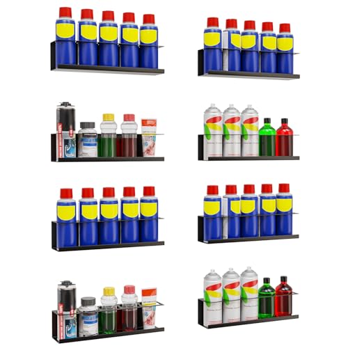 Riciakik 8 Pack Spray Bottle Holder Wall-Mounted, Aerosol Spray Can Holder Storage Rack, Heavy-Duty Paint Bottle Organizer with 40 Holes, Steel Black Spray Rack for Garage, Shop, Home or Tool Trailer - style: 8 Pack