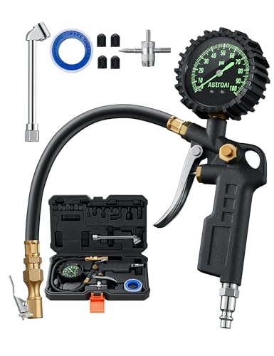 AstroAI Tire Pressure Gauge with Inflator, 100 PSI-ANSI B40.1 Accurate, Large 2.5" Easy Read Glow Dial, Heavy Duty Air Chuck and Compressor Accessories for Truck, with Case - style: with case