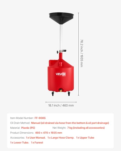 VEVOR 18 Gallon Waste Oil Drain Tank, Industrial Fluid Drain Tank with Adjustable Funnel Height, Portable Oil Drainer with Wheels, Fluid Fuel Transfer Drainage for Auto Repair Shops, Garages, Red - size: 18 Gallon