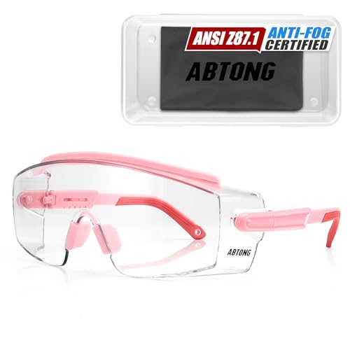 Safety Glasses Over Eyeglasses — ANSI Z87.1 Certified Clear Safety Goggles with UV380 Anti-Fog & Scratch Wraparound Lenses & Adjustable Temples — Ideal for Chemistry Lab Work & Industrial Use - color: Light Pink