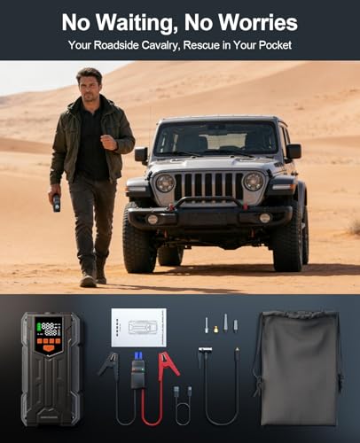 4000A Car Battery Jump Starter with Air Compressor, 150PSI Portable Battery Charger Jumper Starter for Car (9L Gas/8L Diesel) 12V Jump Box with Auto-Shutoff Tire Inflator, Power Bank and Jumper Cables
