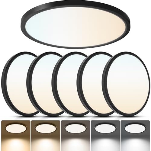 6-Pack 12 Inch Low Profile LED Ceiling Lights, 24W 2640LM Non-dimmable, 5CCT Selectable (2700K-6500K), Flicker-Free Flush Mount Fixture for Bedroom Kitchen Hallway Laundry, Black - color: Black, size: 12 Inch