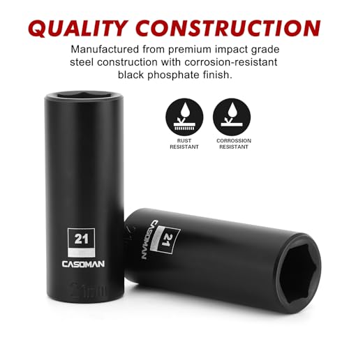 CASOMAN 1/2-Inch Drive x 21mm Deep Impact Socket, 2PCS Set, 6-Point, Metric, CR-MO - size: 21 mm, style: 6-Point Socket