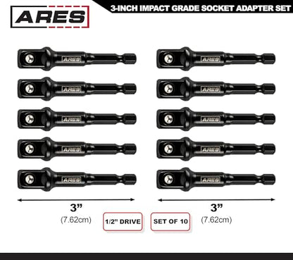 ARES 70390-10-Piece 1/2-Inch Drive 3-Inch Impact Grade Socket Adapter Set - Turns Impact Drill Drivers into High Speed Socket Drivers - size: 1/2-Inch Drive 3-Inch