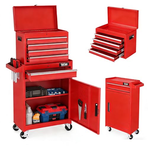TUFFIOM 5-Drawer Rolling Tool Chest, Tool Storage Cabinet w/Drawers, Lockable Wheels, Detachable Top & Adjustable Shelf, Mechanic Tool Organizer Box for Garage, Workshop, Warehouse & Repair Shop - color: Red, size: 5-Drawer
