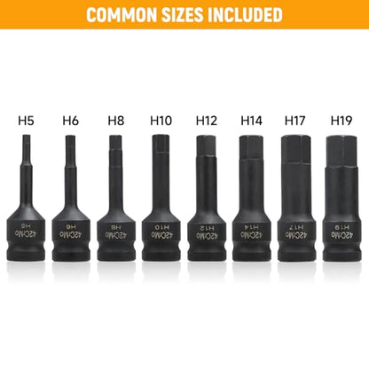 Hoteche 8-Piece 1/2" Drive Impact Metric Hex Bit Socket Set | Cr-Mo Steel, Laser Etched Sizes, Heavy Duty Storage Case