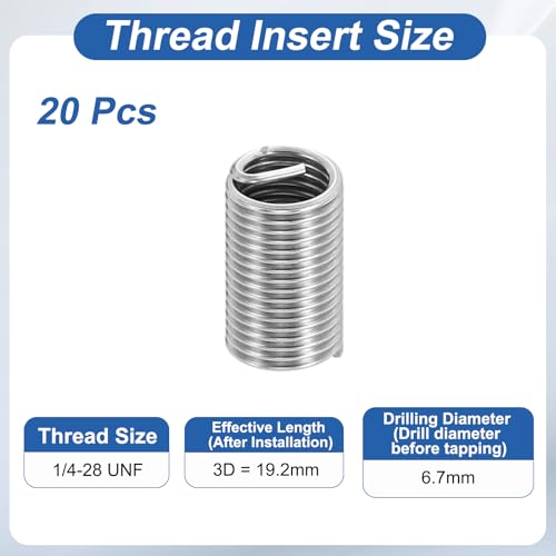 PATIKIL Wire Thread Inserts 1/4-28 UNF 3D 19.2mm, 20Pcs 304 Stainless Steel Helical Coiled Wire Screw Threaded Sleeve Sheath for Mechanical Equipment Automotive Repairs - size: 1/4-28 UNF, 19.2mm