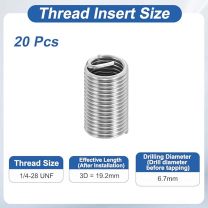 PATIKIL Wire Thread Inserts 1/4-28 UNF 3D 19.2mm, 20Pcs 304 Stainless Steel Helical Coiled Wire Screw Threaded Sleeve Sheath for Mechanical Equipment Automotive Repairs - size: 1/4-28 UNF, 19.2mm