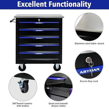 5 Drawer Heavy Duty Rolling Tool Chest, Mobile Metal Lockable Tool Cart with Stainless Steel Worktop, Garage Tool Storage Cabinet for Workshop Auto Repair, Black & Blue, 30.7" H × 25.9" W - size: 5 Drawers