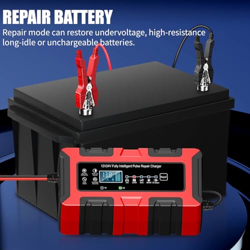 12V/24V 10Amp Smart Car Battery Charger, Automatic Maintainer & Trickle Charger, Desulfator, Temp Compensation, Overcharge Protection for Automobile Truck Motorcycle Boat LiFePO4 AGM Gel STD Batteries