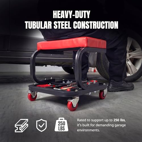 MaxWorks Mechanics Roller Seat - Heavy Duty 250 lb Capacity Rolling Creeper Stool with Padded Seat & 3-Section Tool Tray for Garage & Auto Repair (50875) - style: Rolling Seat Creeper