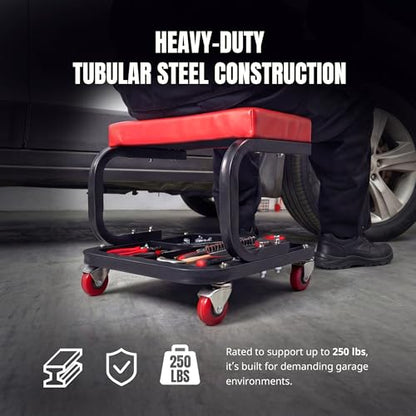 MaxWorks Mechanics Roller Seat - Heavy Duty 250 lb Capacity Rolling Creeper Stool with Padded Seat & 3-Section Tool Tray for Garage & Auto Repair (50875) - style: Rolling Seat Creeper