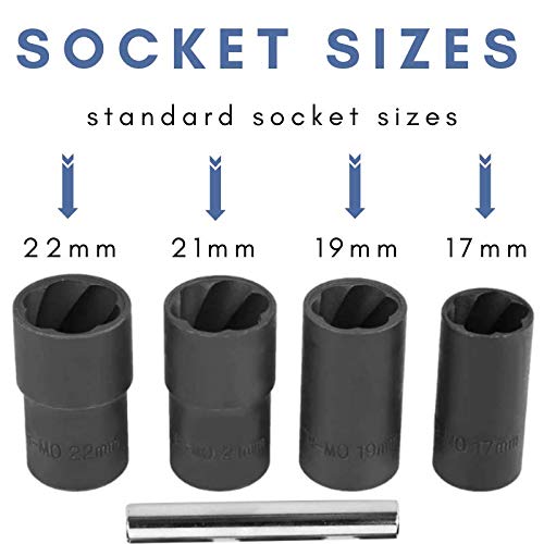Twist Socket Set (5 Piece) Includes 1/2” Inch Lug Nut Remover With a 17mm, 19mm, 21mm, 22mm Socket Sizes Professional-Grade Lug Nut Extractor or Wheel Lock Removal Kit