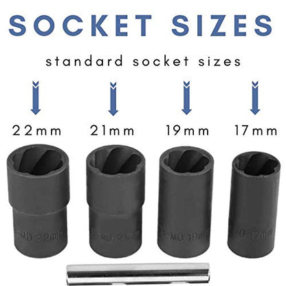 Twist Socket Set (5 Piece) Includes 1/2” Inch Lug Nut Remover With a 17mm, 19mm, 21mm, 22mm Socket Sizes Professional-Grade Lug Nut Extractor or Wheel Lock Removal Kit