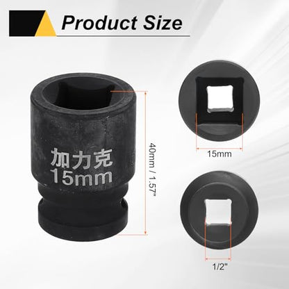 HARFINGTON 3pcs 4 Point Square Socket 1/2" Drive 15mm Metric Square Impact Socket CR-V Blackening Standard Wheel Sleeve Pneumatic Sleeve Tool for Auto Repair Mechanical Maintenance Home Use - size: 15mm