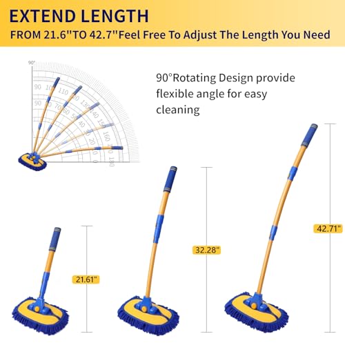 5PCS Car Wash Brush with Long Handle, 15°Curved Car Cleaning Brush with Replaceable Head Cover, Truck Washing Brushwith Telescopic Handle Wash Mop Kit (Blue) - color: Blue