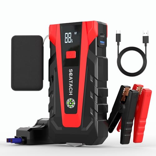 Scatach 6000A Car Battery Jump Starter,12V Portable Jump Starter Battery Pack (up to 9.0L Gasoline and 7.0L Diesel Engine), Jump Box with 3 Modes Flashlights, Jumper Cables, LED Display - color: coral red