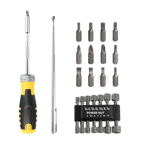 HAUTMEC 28 Pcs Magnetic Ratcheting Screwdriver Set, Multi-bit Screw Driver Set Including CRV Screwdriver Bits, Nut Driver Set and Telescoping Magnetic Pickup Tool for DIY, Electronics, Auto Repair - color: 28-in-1 Ratcheting