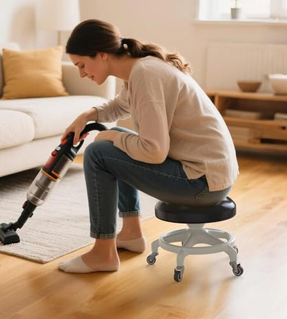 Upgraded Low-Profile Rolling Stool with 360° Smooth Rubber Wheels – Heavy-Duty 450lbs, Puffed PU Seat & Anti-Tip Base | Ideal for Home, Office, Salon, Workshop, Mechanic, Garage, White - style: Puffed Black Seat White Frame