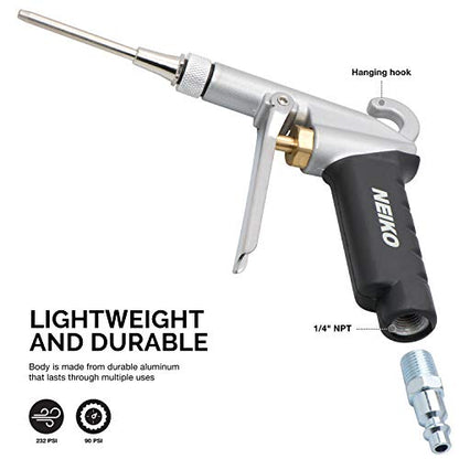 NEIKO 31121A High Flow Air Blow Gun | 3 Pc Pneumatic Air Nozzle | Dust Gun | Air Gun Compressor Accessories | ¼” - style: Extendable Air Blow Gun.