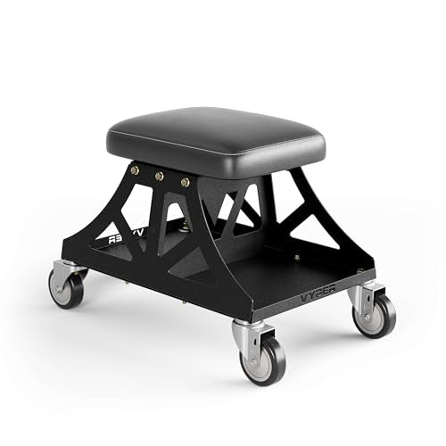 Vyper Low Pro Garage Stool with Removable Seat for Mechanics, Black Frame | Robust steel garage stool with 400 lb capacity, large industrial casters, foam seat, tool tray, and red frame for auto or DIY - color: Black Seat, Black Frame