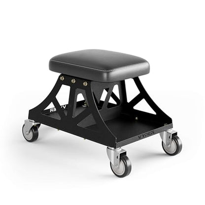 Vyper Low Pro Garage Stool with Removable Seat for Mechanics, Black Frame | Robust steel garage stool with 400 lb capacity, large industrial casters, foam seat, tool tray, and red frame for auto or DIY - color: Black Seat, Black Frame