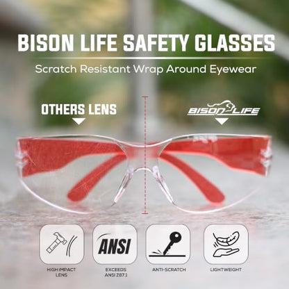 BISON LIFE Clear Safety Glasses – ANSI Z87.1 Certified Scratch & Impact Resistant Eye Protection Goggles for Men & Women - color: Clear/Red