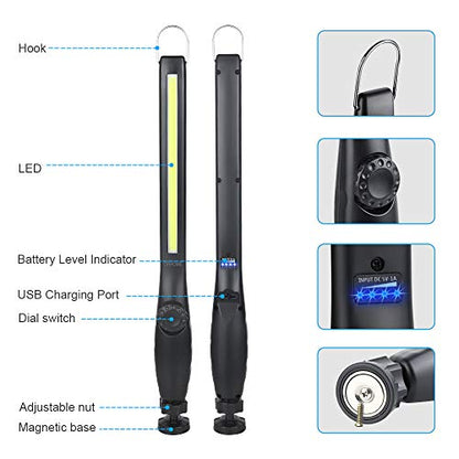 LED Work Light 800 lumens 3300mAh Rechargeable Work light Magnetic Flashlight COB Work Light Handheld Portable Worklight Inspection Light for Car Repair Machine Garage Emergency(2 pack) - size: 2 Pack