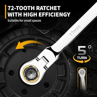GRENPRO 6PCS Extra Long Ratcheting Wrench Set - 72-Tooth 12-Point 8-19mm, CR-V Steel Metric Double Box End Ratcheting Wrench Set, with Pouch & Size Gauge