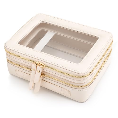 Aveniee Large Clear Makeup Bags, Double Layer Cosmetic Bags with Separate Brush Compartment, Travel Toiletry Bag Cosmetic Train Case, Travel Accessories Organizer for Women(2 Layers, White) - color: Off-White, style: Dual Layer