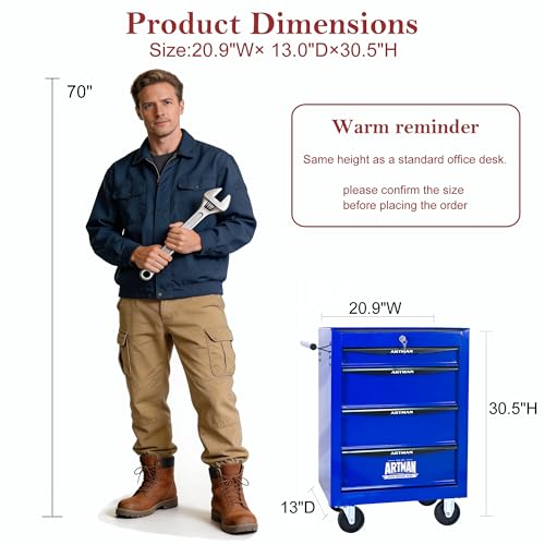 RYH 4 Drawers Rolling Tool Chest - 13" D x 20.9" W x 30.5" H Heavy Duty Mobile Tool Cart with Locking Wheels & Ball Bearing Drawers, Garage Tool Storage Cabinet (Blue, 4 Drawers) - color: Blue-black, size: 4 Drawers（30"H × 20"W × 13"D)