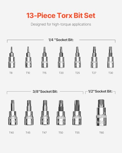 VEVOR Torx Bit Socket Set, 13-Piece Star T8 - T60 Set, S2 Alloy Steel and Cr-V Steel, 1/4 in, 3/8 in, and 1/2 in Drives, with Enhanced Storage Case, Torx Sockets for Hand Use, Mechanics, Auto Repair - style: 13 PCS Torx