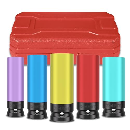 5 Pieces 1/2" Drive Impact Lug Nut Socket,Metric Size(15-17-19-21-22mm),6 Point,Thin Wall Deep Socket Set with Non-Marring Colorful Wheel Protectors - size: 1/2" Colored Metric 5PC Set 2