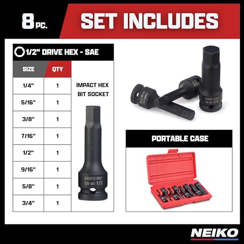 NEIKO 01137B 1/2-Inch-Drive Allen Socket Set, 3-Inch Length, 1/2-Inch Impact Hex-Bit Socket Set, SAE Hex Driver 1/4" to 3/4", CrMo Steel, Impact-Grade, 8-Piece Set - style: SAE