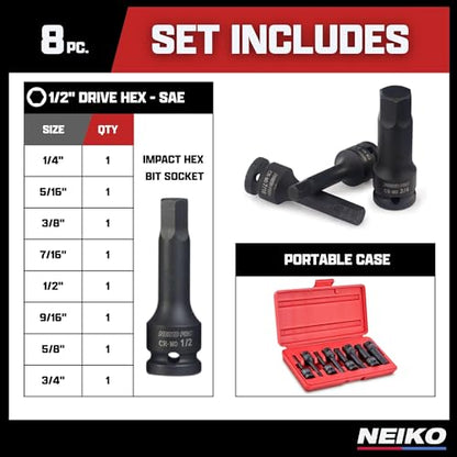 NEIKO 01137B 1/2-Inch-Drive Allen Socket Set, 3-Inch Length, 1/2-Inch Impact Hex-Bit Socket Set, SAE Hex Driver 1/4" to 3/4", CrMo Steel, Impact-Grade, 8-Piece Set - style: SAE