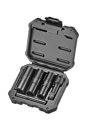 5PCS 1/2-Inch Damaged Bolt Extractor Flip Socket Set, Rounded-off Lug Nut Socket Removal, Metric, 17MM, 19MM, 21MM, W/3-Inch Extension, and a drift punch nut removal bar